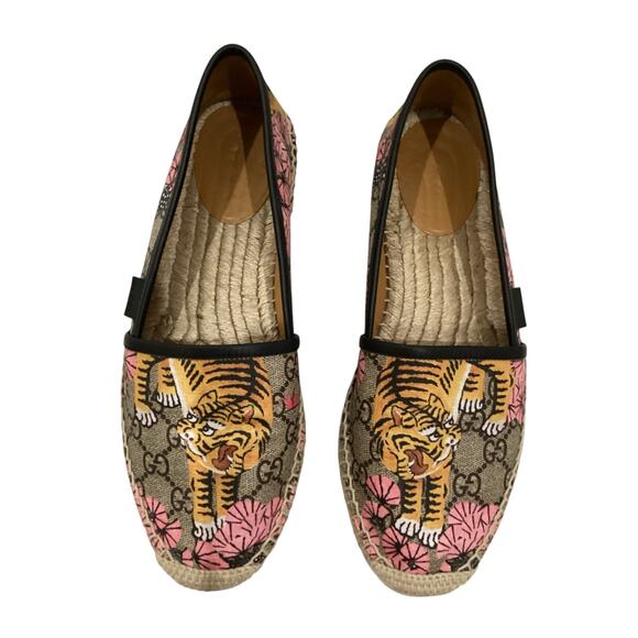 Gucci Bengal Tiger Floral GG Supreme Canvas Espadrilles Pink Tan Black EU 38 - Picture 2 of 13